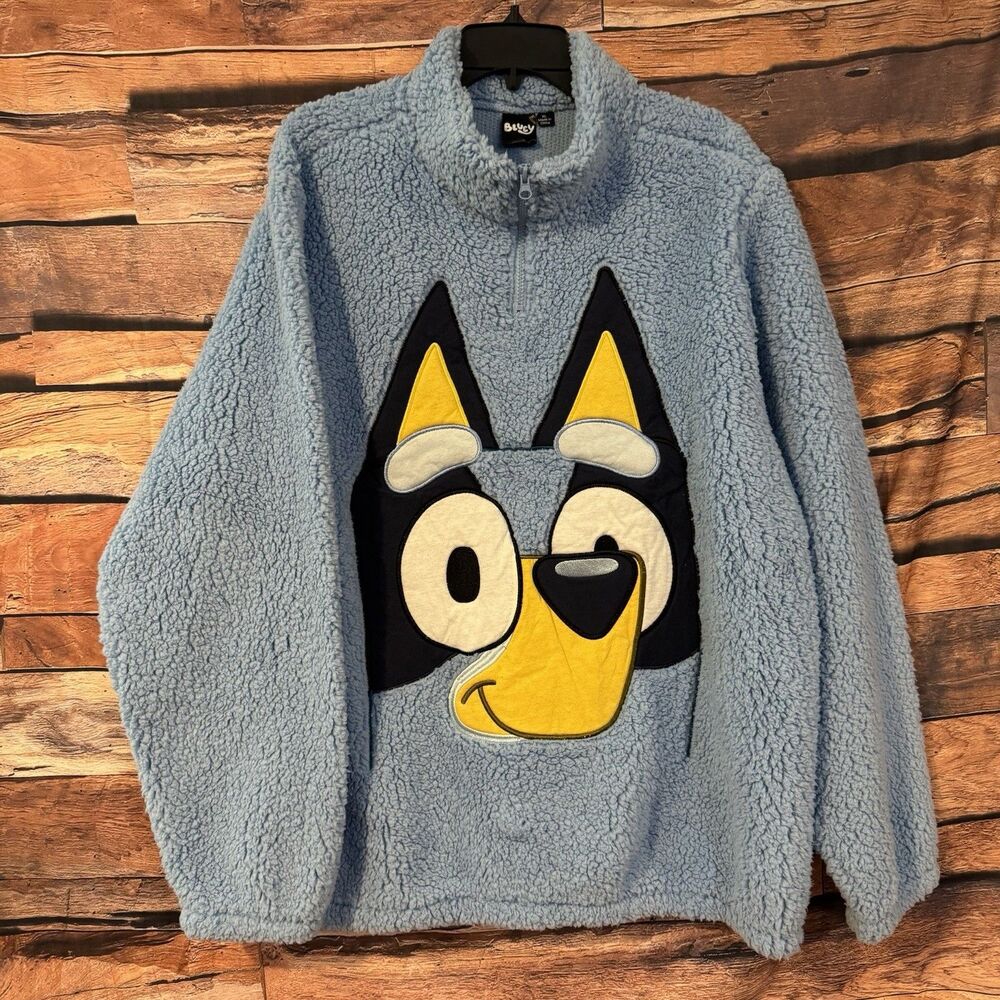 BLUEY Men's XL Blue Sherpa Quarter Zip Pullover Sweatshirt Ludo Studio